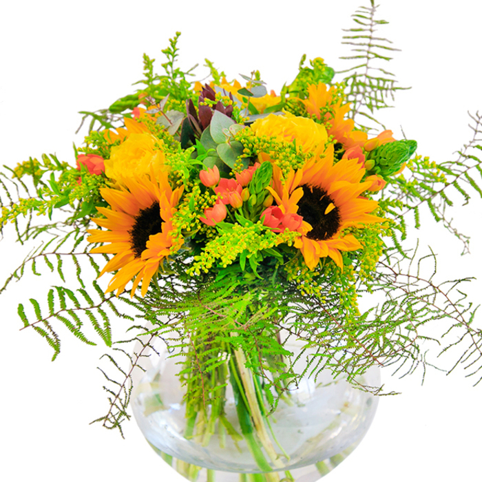 A striking bouquet inspired by the sunlit vibrance of Stepney is artfully arranged in a clear, round glass vase, the water shimmering around each sturdy stem. At the heart are magnificent sunflowers, their velvety brown centers and radiant yellow petals reminiscent of fields just outside Limehouse in late August. Nestled alongside are golden yellow roses, their tightly-layered petals unfolding in rolling spirals, inviting admiration with every glance. The soft, pastoral mood is heightened by cascades of delicately frilled ferns and billowy sprays of pale green filler-perhaps solidago or local goldenrod-each blossom adding its own touch to the harmony. Scarlet Hypericum berries sparkle amid this lush greenery, their smooth skins catching the light like berries found in Stepney's community gardens, creating a lively interplay of colour and texture. Subtle hints of bluish-green eucalyptus and elegantly slender green spikes are tucked in thoughtfully, evoking the refreshing feel of walking along Regent's Canal on a summer's breeze. The bouquet's textural richness is palpable: the suede-like surface of sunflower petals, the soft opening of a rosebud, the crisp, cool snap of fresh eucalyptus. The floral aroma that drifts from the vase carries hints of sun-warmed fields and London's open garden spaces. Ideal for celebrating birthdays, anniversaries, or any joyful moment near Stepney, this arrangement is both contemporary and timeless, reflecting the talent and care of local florists who take pride in their vibrant East End neighbourhood.
