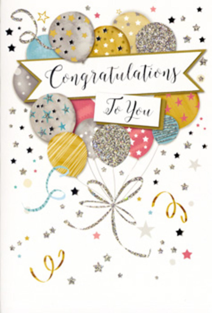 The image presents a refined congratulations card, propped up as if waiting beside a fresh bouquet on a Stepney kitchen counter. Dominating the front is an airy bouquet of balloons, each one distinct yet harmoniously arranged, floating together in a loose, organic shape. The balloons shimmer in a palette of metallic gold, soft silver, champagne beige, powder blue, blush pink, and gentle grey, recalling the subtle tones of evening light over Stepney Green Park. Their surfaces are adorned with delicate patterns: tiny starlike dots, slender stripes, and sparkling flecks of glitter that suggest texture under the fingertips, as if you might trace each motif in the light. From the base of the bouquet, slim metallic ribbons cascade downward in curls of gold and silver, their drawn edges catching the eye much like the glint of ribbon on a hand-tied gift. Across the centre, a ribbon-like banner sweeps across the cluster, bearing the words Congratulations To You in graceful, flowing script that feels personal and sincere, yet smart enough for a professional achievement or graduation celebrated locally. The background is a soft, creamy white scattered with miniature stars and swirling confetti, giving a lively yet uncluttered sense of movement, as though the air is full of quiet, sparkling joy. The overall impression is one of elegant celebration: light-hearted, optimistic, and carefully designed. As a Stepney florist, I recognise this as the kind of card chosen to accompany flowers sent for exams, promotions, or new beginnings, a keepsake piece that mirrors the pride and happiness of the sender while fitting naturally into the relaxed, friendly character of our East London neighbourhood.