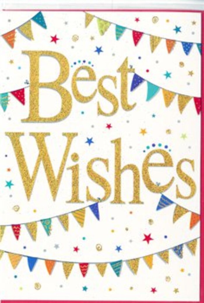 This Best Wishes card is designed like a miniature celebration, captured on a pure white canvas with just enough detail to feel special without losing its simplicity. At the heart of the image, the words Best Wishes appear in rich, metallic gold script, each letter gracefully looping and curling as if written by hand with a calligrapher's pen. The gold finish looks slightly textured, suggesting a fine layer of glitter or foil that would catch the light when tilted, much like sunlight glinting off windows along Whitechapel Road near Stepney. Surrounding this central phrase, strings of bunting sweep in relaxed arcs across the top and bottom portions of the card, framing the words as though they were the main banner at a street fair. The bunting flags are small, neat triangles in bright, saturated colours-scarlet, teal, lime, mustard, and royal blue-arranged so that no two neighbouring flags are quite the same. Some show crisp stripes, others delicate polka dots, and a few bear tiny chequered or mosaic designs, creating the impression of hand-crafted decoration carefully selected for a party. Between and around these bunting strands, little star shapes and tiny dots of colour are scattered like confetti mid-air, giving a sense of celebration frozen in time. The stars and dots repeat the card's colour palette so that the design feels harmonious and pleasing to the eye. Overall, the atmosphere is warm, optimistic, and inclusive-the sort of versatile card a local Stepney resident might choose to accompany flowers for a promotion, retirement, or new chapter, trusting that its bright yet tasteful design will bring a smile the moment the envelope is opened.