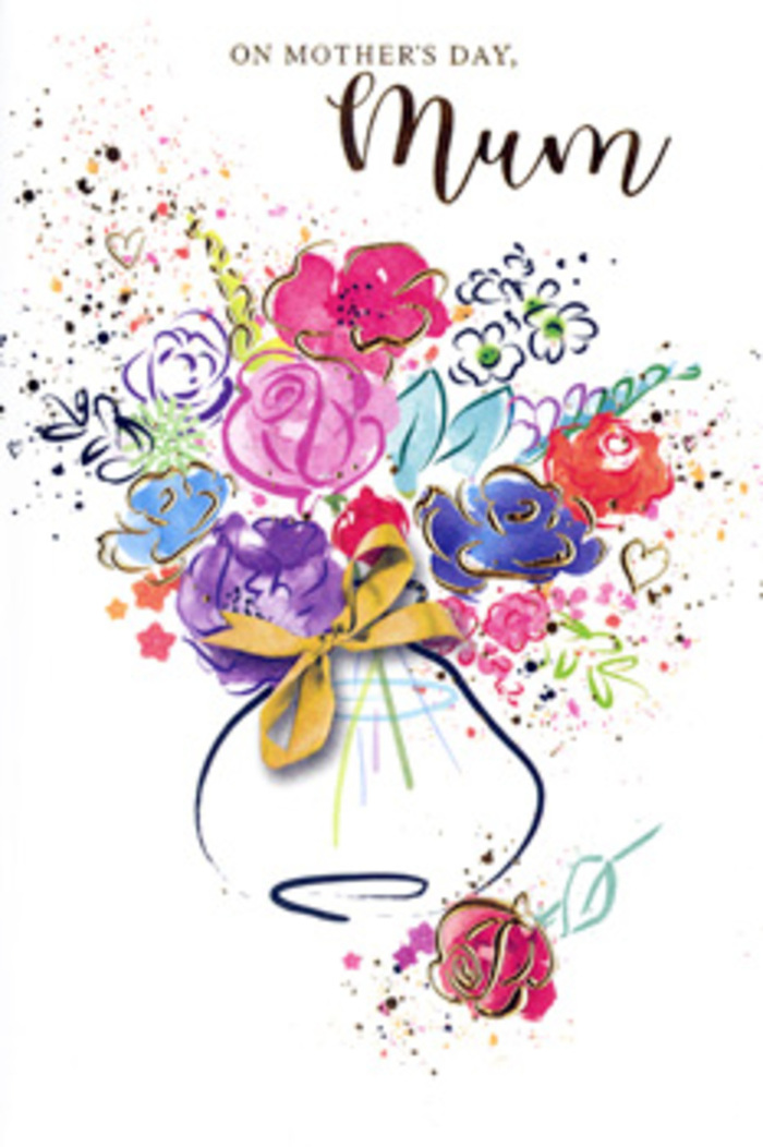 The Mother's Day card depicts a vibrant, watercolour-style bouquet, as if a florist in Stepney has translated a favourite arrangement into paint rather than petals. At first glance, the eye is drawn to bold cerise and magenta blossoms clustered at the heart of the composition, their soft, rounded shapes evoking garden roses or generous ranunculus blooms in full flower. Around them, dashes of deep indigo form both petals and shadows, lending structure and rhythm, while lighter splashes of blue, lilac, and soft apricot peek through like supporting flowers in a mixed seasonal bunch. Fine, shimmering touches of gold delicately trace the outlines of petals and hints of foliage, suggesting that each bloom is lit from within, glowing with the quiet gratitude often felt on Mother's Day. The flowers emerge from a gracefully simplified vase, suggested with flowing lines and translucent washes, anchored by a gentle curve that hints at the weight of water and stems. The vase sits in an undefined space, its base kissed by a soft shadow, as though resting on a table in a Stepney townhouse or overlooking the greenery near Stepney City Farm. Around the main bouquet, playful splatters of paint, tiny hearts, and loose strokes expand the energy outward, giving the sense that petals might spill beyond the card's edge. The white background allows every colour to stand clear and true, echoing the airy, open feel of a well-spaced bouquet delivered to a loved one. This illustrated card reads like a painter's love letter to mothers, combining artistic spontaneity with the same thoughtful balance a florist uses when crafting a meaningful gift.