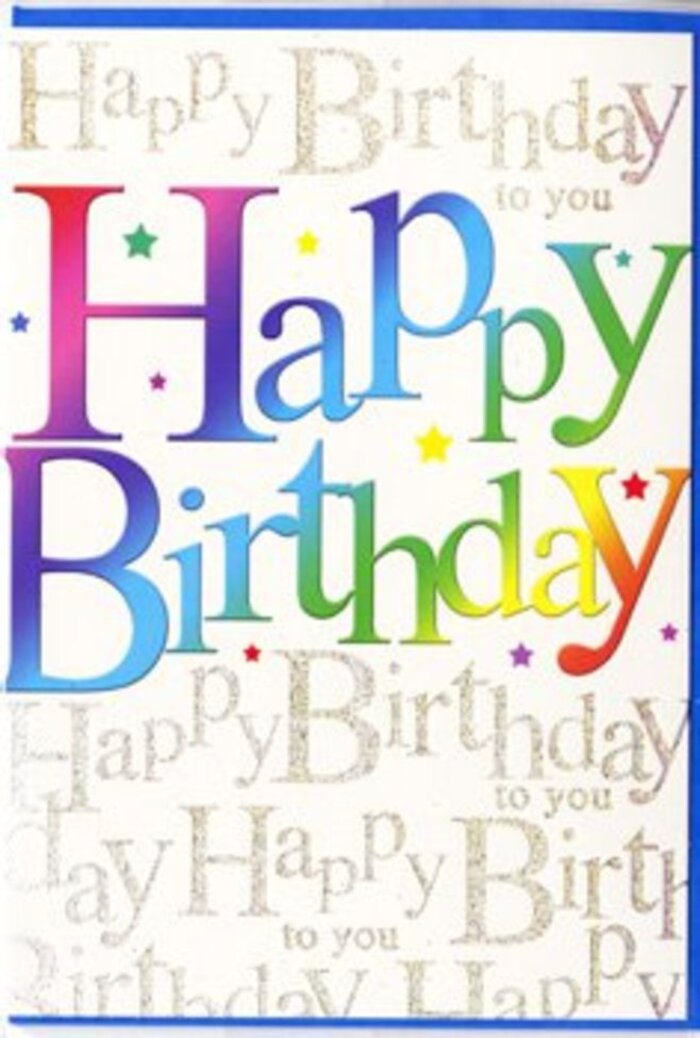 Displayed against a simple background, this birthday card radiates the kind of cheerful energy that would sit happily beside a fresh bouquet delivered to a flat near Stepney Green. The central focus is the large, sweeping phrase Happy Birthday, written in tall, rounded letters that seem almost three-dimensional, as if they could be picked up like colourful wooden blocks. Each letter carries its own shade within a continuous rainbow progression, moving from deep berry reds through warm oranges and bright yellows into lively greens, cool blues, and finally majestic purples. The transitions between colours are soft and painterly, more like watercolour washes than stark stripes, giving the greeting a sense of movement and harmony, similar to the way a florist blends tones in a celebratory arrangement. Behind this bold greeting, the entire surface is threaded with delicate golden cursive that quietly repeats Happy Birthday to you over and over. This script is fine and decorative, forming a shimmering tapestry that fills the negative space without distracting from the main words. The metallic ink appears to glint when tilted toward the light, evoking the sparkle of evening lights along nearby Whitechapel Road. Small, subtle star shapes and confetti dots are scattered across the design in complementary colours, adding a playful sparkle. The card stock itself looks sturdy yet refined, with a lightly glossy finish that suggests a smooth, satin feel under the fingertips. Overall, the composition balances childlike joy with sophisticated detail, making it ideal for celebrating a milestone birthday in Stepney with something that feels both heartfelt and thoughtfully designed.