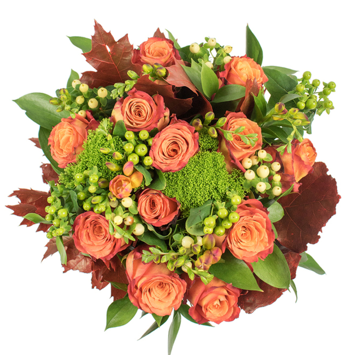 Presented in a circular, densely packed composition against a crisp white backdrop, this fall-inspired bouquet reads as a study in colour and texture drawn from Stepney's autumn palette. At its centre lie numerous large roses, each bloom graduating from a warm, soft peach in the heart to coral-orange and deeper russet at the outer petals, producing a painterly bicolour effect that mirrors the burnt edges of leaves seen near Limehouse and the lanes around Commercial Road. Interspersed among the roses are clusters of Hypericum berries - some a lively lime green, others a soft creamy yellow - which introduce bright, jewel-like points that catch the eye and lend contrast to the velvety flower faces. Green trick dianthus appears as plush, moss-like pom-poms, dense and tactile, offering an unexpected freshness that complements the roses' smooth texture. Rich green foliage provides a full, living backdrop while prominent lobed leaves in brownish-red and burgundy punctuate the design, reinforcing the season and adding structural weight. The overall mood is warm and generous; soft light reveals the velvet of the petals, the gloss of the berries, and the subtle veins in the darker leaves. Perfect for autumn entertaining, a Thanksgiving centrepiece, or a heartfelt seasonal gift, this arrangement is the sort of bouquet we craft with attention to balance and longevity for customers across Stepney and nearby Bow. For local delivery, Flower Delivery Stepney can bring this comforting, harvest-toned composition straight to your door.