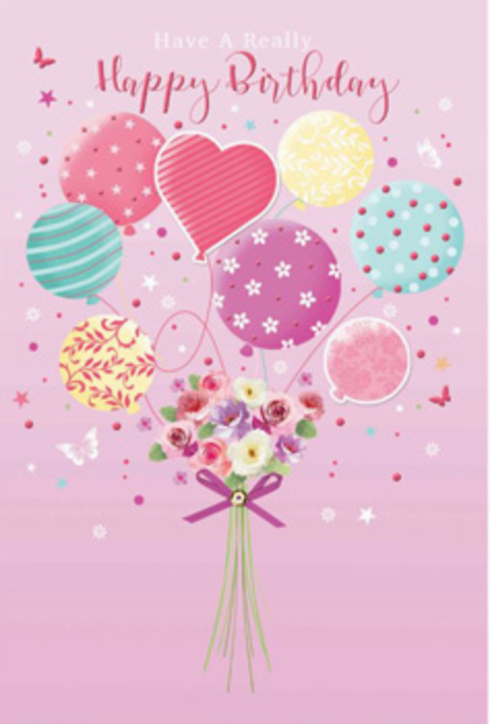 In this tender birthday scene, a bouquet of balloons and flowers seems to float just above the pavements of Stepney, like a cheerful surprise spotted on the way past Stepney Green Station. The background is a gentle blush pink, warm and comforting, as if lit by soft afternoon sunshine. Rising from the centre, a cluster of pastel balloons forms a playful canopy: some glowing in creamy peach and rosy pink, others shimmering in sea green, lemon yellow and lavender. Each balloon carries its own personality-one swirls with ribbon-like stripes, another scatters joyful polka dots, others are adorned with tiny floral motifs and delicate patterns that make the surface feel textured and hand-painted. Light slides across them, emphasizing round contours and the glossy, almost glassy sheen of their surfaces. At their base, the strings converge into a charming hand-tied bouquet, composed of petite roses and daisy-style blossoms in tones of ivory, blush, and soft mauve. The petals look velvety and full, gently curving outward like blooms newly arranged for a same-day birthday delivery around Whitechapel or Mile End. Lush greenery peeks through, adding freshness and depth, while a sparkling purple bow secures the stems, its satin edges catching a brighter glint of light. Around the arrangement, tiny starbursts and light, butterfly-like shapes hover, suggesting motion and a touch of birthday magic. The overall feeling is one of gentle jubilation, the kind of quiet yet heartfelt celebration that a local Stepney florist might create for a cherished friend-uplifting, affectionate, and crafted with evident care and expertise.