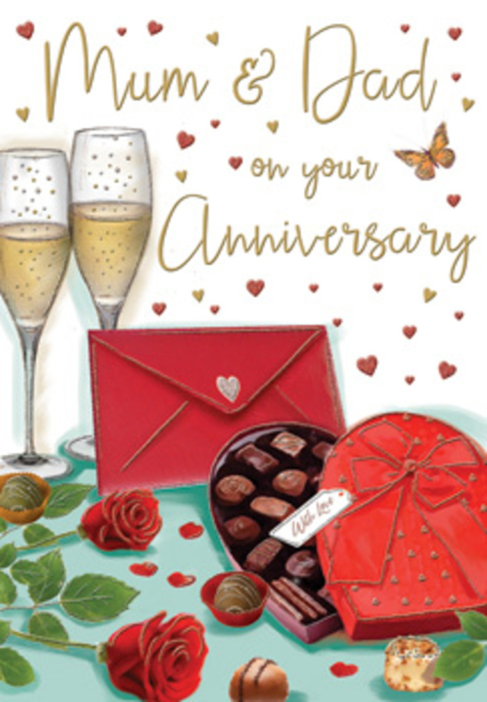 This anniversary card artwork presents a richly detailed still life that feels both indulgent and homely, like an evening celebration in Stepney framed in soft, golden light. In the foreground, two plush red roses rest casually on a smooth tabletop, their petals rendered with gentle shading that suggests both fullness and fragility, as if they've just been selected by an experienced florist who knows how much parents treasure classic blooms. The roses' deep crimson hue contrasts beautifully with the surrounding glossy green leaves, which curl and fan out to create a natural frame. Nearby, a heart-shaped chocolates box becomes a focal point: vivid red, perfectly symmetrical, and crowned with a generous satin bow whose loops catch the light like silk. The lid is open, showcasing a neat arrangement of chocolates, some round, some slightly squared, each with a delicate highlight that hints at a crisp shell and melting centre. Two elegant champagne flutes stand together at the back, their narrow stems and broad bowls filled with pale golden champagne, bubbles suspended mid-rise as if waiting for a toast to begin. Around them, the card is sprinkled with tiny red and gold hearts, soft-edged and gently scattered, weaving around a flowing, hand-lettered greeting for 'Mum & Dad'. A scarlet envelope lies at one edge, sealed and slightly angled, suggesting a heartfelt message ready to be read in a Stepney home overlooking Whitechapel Road or the paths of Stepney Green Park. The scene radiates a quiet but unmistakable sense of gratitude, marking years of shared memories, favourite treats, and the simple joy of raising a glass together.