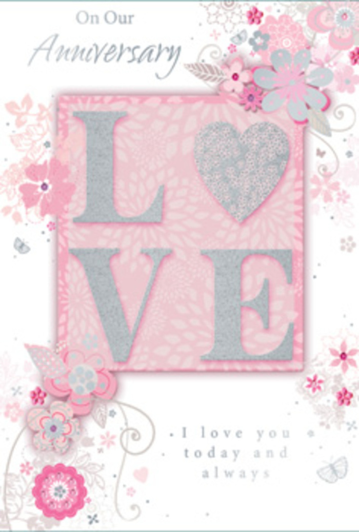 This anniversary card is pictured as though laid out on a tidy table in a Stepney flat, bathed in gentle, diffuse daylight that softens every detail and honours the sentiment it carries. The central motif is the word LOVE, printed in an elegant, frosted glitter finish that adds both sparkle and texture, much like the subtle shimmer on the tips of fresh gypsophila in a romantic bouquet. Each letter is slightly raised, giving the impression of a hand-finished touch, the kind of detail a local florist might appreciate while arranging anniversary blooms for neighbours near Stepney Green. Around this centrepiece, wispy, hand-drawn flowers drift along the borders and corners, their petals and leaves unfurling in shades of blush pink, lilac, and creamy ivory. These floral sketches feel light and airy, almost as if they have been gently blown across the page, with soft sprays and trailing stems intertwined. Fine filigree lines curl between the blossoms, punctuated by dainty leaves and almost-hidden butterflies that seem to flutter at the edges of vision. These tiny accents add a sense of movement and quiet joy, echoing the flutter of hearts on an anniversary morning. The background remains a soft, even pink, providing a warm canvas that allows each pastel tone to blend in harmonious balance. In the lower portion of the card, the message I love you today and always appears in a graceful, understated typeface, its curves echoing the floral swirls. The lettering feels sincere and intimate, like a promise whispered across a kitchen table overlooking Stepney's streets. As a whole, the card feels like a hand-tied bouquet translated into paper - tender, fragrant in imagination, and crafted with care for a love that continues to grow.