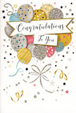 This congratulations card is illustrated like a small party caught in mid-air, the front completely taken up by a stylish cluster of balloons floating against a pale, spacious background. The balloons form a loose bouquet in muted metallic shades of gold, silver, champagne, sky blue, blush pink, and soft grey, their rounded shapes overlapping gently, much like balloons gathered for a family celebration in a Stepney living room. Each one is decorated with its own delicate pattern: some dusted with tiny sparkling stars, others banded with subtle stripes or dotted with glittery specks, suggesting a tactile shimmer when the card tilts in the light. Fine golden and silver ribbons stream down from the base of the bouquet in elegant curls, the drawn lines so fluid you can almost sense the weightless sway of the strings. Floating through the background are sprinklings of small metallic stars and looping curls of confetti, giving the impression of movement and laughter, like the afterglow of a joyful cheer outside a café near Stepney Green. At the heart of the design, a sweeping banner stretches across the balloons, carrying the message Congratulations To You in beautifully scripted, slightly ornate lettering that feels warm and heartfelt. The tone is celebratory but composed, perfectly suited to honouring exam success, a new job, a promotion, or any proud moment. As a local florist who often pairs cards with congratulatory bouquets, I see this design as a gentle yet glamorous finishing touch, ready to be delivered across Stepney with flowers to help someone feel genuinely cherished and recognised.