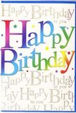 The photograph captures a vibrant birthday card that feels like a compact celebration, perfect to accompany a delivery of bright blooms from a local Stepney florist. At the centre, the words Happy Birthday dominate the scene in broad, friendly letters, each character filled with a gentle gradient of colour that sweeps through a full spectrum-from bold crimson and hot pink into warm golds, zesty greens, aquatic blues, and regal violets. The colours blend so smoothly that they resemble a dusk rainbow over the rooftops between Stepney and neighbouring Whitechapel, creating a sense of joy and continuity. Behind this main greeting, the background is alive with an elegant pattern of looping golden handwriting that repeats the phrase Happy Birthday to you. The script is fine and decorative, curling around the larger letters like delicate filigree, and the metallic ink catches the light at certain angles, adding a sophisticated shimmer. Tiny scattered stars and confetti-like dots in matching brights lift the design further, suggesting the moment when party poppers burst open at a birthday gathering. The card surface looks satiny and smooth, with a subtle reflective sheen that hints at quality cardstock. Edges appear clean and neatly cut, and the proportions of text to background are thoughtfully balanced, so nothing feels crowded. Altogether, the card conveys excitement, affection, and a sense of occasion, as if it has been chosen with care to make someone in Stepney feel truly celebrated on their special day, the colours echoing the vibrancy of fresh flowers and joyful voices around them.