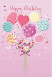 A whimsical birthday fantasy unfolds on a soft pink background, as if the sky above Stepney had been painted in pastels for a single special day. At the centre, an airy bouquet of balloons lifts gently upward, their pastel tones of blush pink, minty sea green, buttery yellow and lavender blending like watercolours. Each balloon is adorned with a different cheerful pattern: some swirl with ribbons, others sparkle with polka dots, while a heart-shaped balloon glows at the centre, radiating affection and making the whole design feel like a hug in the air. Their shiny surfaces catch the light, with delicate reflections that suggest the smooth, cool feel of inflated latex balloons bobbing gently above a birthday table. Gathering them together at the base is a lush, hand-tied bouquet of roses and soft, anemone-like flowers in ivory, blush and gentle mauve, their velvety petals layered and slightly ruffled, as if freshly arranged that morning in a cosy Stepney flower shop. Slender green stems are carefully aligned and drawn together by a violet satin bow, the ribbon's sheen echoing the gloss of the balloons above. Scattered around are tiny twinkling stars and fluttering butterflies, evoking the same sense of delight you might feel walking past a birthday picnic on the grass by Stepney Green Park. The composition is light, airy and joy-filled, capturing the feeling of a birthday wish being carried on the breeze-thoughtful, romantic and lovingly detailed, just like a hand-delivered bouquet making its way through the streets of Stepney.