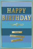 A sophisticated birthday card is shown in close view, its design radiating gentle calm with a distinctly modern elegance that would feel at home in a Stepney townhouse or a cosy flat near Stepney Green. Broad, horizontal bands of blue stretch across the card from edge to edge, moving smoothly from deep, moody navy at the base through gradually lighter denim and teal tones, and finally to a soft, open-sky blue near the top. This layered spectrum of blues feels like looking out from a quiet balcony as daylight slowly brightens over East London. Centered on this tranquil backdrop, the phrase HAPPY BIRTHDAY is embossed in tall, gold foil letters. The lettering is clean and contemporary, but the warm metallic finish adds a timeless touch, glinting gently when the light touches it, as though the card itself is offering a small, respectful bow of celebration. Immediately beneath the main greeting, a graceful gold flourish stretches horizontally, its curling details reminiscent of classic engraved invitations or the delicate decoration on heritage buildings tucked just off Commercial Road. Below this flourish, three slim golden banners are stacked one under the other, each carefully aligned. On these banners, in smaller but still clear text, sit the reassuring words: Relax, have a great day and enjoy! The message flows down the card like a soft, spoken wish, inviting the recipient to slow down and truly savour their birthday. A fine gold border frames the entire design, adding a final note of refinement and structure. The cardstock appears smooth and substantial, with a matte finish that softens the glow of the foil, creating an overall impression of quiet luxury-perfect partnered with a fresh birthday bouquet delivered locally across Stepney and nearby neighbourhoods.