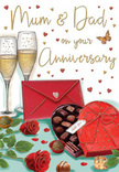 This illustrated anniversary card captures a romantic table scene that could easily belong to a Stepney family celebrating at home after a thoughtful flower and gift delivery. At the centre are two luxuriant red roses, laid side by side on a smooth surface, their velvety petals painted with such care that you can almost imagine brushing a fingertip across them. Surrounding leaves in rich, glossy green give the impression of freshly cut stems, the kind of quality a local Stepney florist would send out for an important milestone like a parents' anniversary. Just beside the flowers sits a heart-shaped box of chocolates in a striking red tone, topped with an opulent satin bow whose wide loops and tapering ends create a sense of movement. The lid is open, showing a tempting selection of chocolates nestled in tidy rows, some slightly domed, others more angular, all with a faint sheen suggesting fine, smooth coatings. Behind this indulgent centrepiece, two tall champagne flutes stand together, filled with softly glowing golden fizz, the bubbles rising in delicate streams as though caught during a pause before clinking glasses. Across the card, tiny gold and crimson hearts float lightly, framing a hand-lettered dedication to 'Mum & Dad' in warm, flowing script that feels both personal and timeless. Near the edge lies a scarlet envelope, neatly sealed and slightly tilted, hinting at a card full of memories and thanks, perhaps posted from a grown child who once played in nearby Stepney Green. The overall mood is tender, celebratory, and deeply familial, honouring love that has grown through everyday moments and special occasions alike.